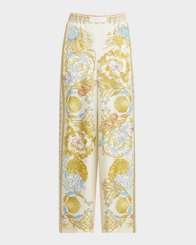Underwater Barocco Foulard Silk Twill Wide-Leg Pull-On Pants